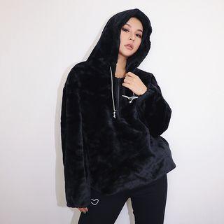 Loose-fit Half-zip Hooded Velvet Long Top