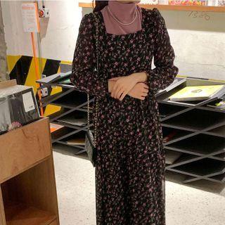 Floral Long-sleeve Midi A-line Dress Floral Print - Brown Red - One Size