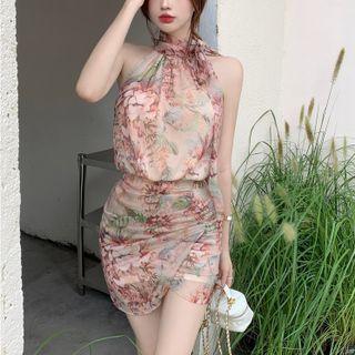 Sleeveless Halter Floral Print Mini Sheath Dress