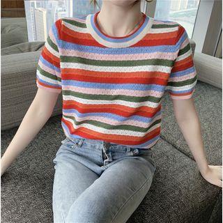 Striped Short-sleeve Knit Top Stripes - Multicolors - One Size