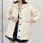High-neck Long-sleeve Plain Cable Knit Cardigan