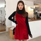 Long-sleeve Mock-neck T-shirt / Shoulder-tie Velvet Pinafore Dress