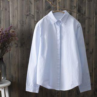 Long-sleeved Straight Cotton Plain Blouse