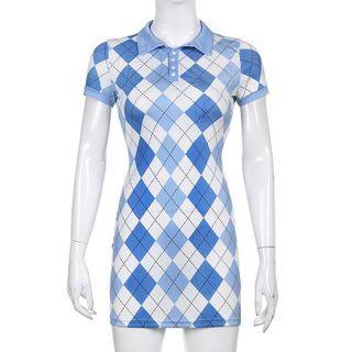 Cap-sleeve Argyle Print Mini Bodycon Polo Dress