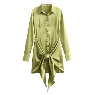 Long-sleeve Henley Wrap Mini Shirtdress