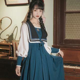 Long-sleeve Sailor Collar Frill Trim Midi A-line Dress
