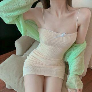 Spaghetti Strap Ribbed Mini A-line Dress / Cardigan