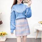 Lace Trim Sweater / Plaid Mini A-line Skirt / Set