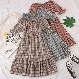 Boatneck Ruffled-trim Plaid A-line Midi Dress