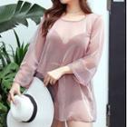 Set: Ruffled Bikini Top + Frilled Trim High Waist Swim Bottom + Mesh Cover-up
