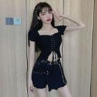 Short-sleeve Lace Up T-shirt / Denim Skort / Grommet Belt