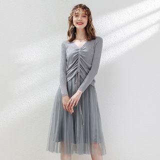 Set: Long-sleeve Drawstring Knit Top + Mesh Skirt