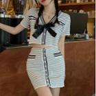 Set: Short-sleeve Striped Knit Top + Skirt White - One Size