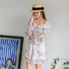 Floral Print Ruffled Chiffon Playsuit Ivory - One Size