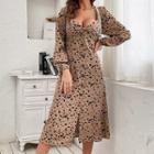 Leopard Print Long Puff Sleeve Button-through Dress
