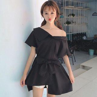 Tie-waist Asymmetric Long Shirt
