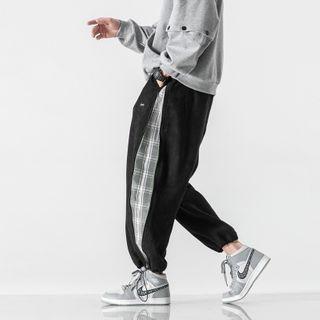 Zip-side Plaid Panel Drawstring-cuff Pants