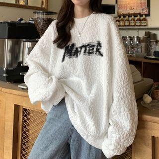 Long-sleeve Round-neck Waffle Plaid Lettering Sweatshirt