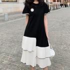 Short-sleeve Irregular Frill Trim A-line Midi Dress