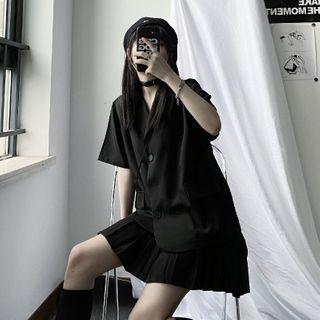 Short-sleeve Plain Blazer / Pleated Mini A-line Skirt