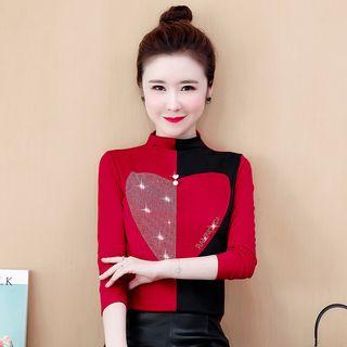 Glitter Heart Print Two-tone Long-sleeve Top