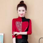 Glitter Heart Print Two-tone Long-sleeve Top