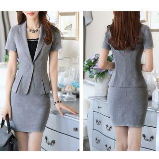 Short-sleeve Single Button Blazer / Set: Short-sleeve Single Button Blazer + Skirt