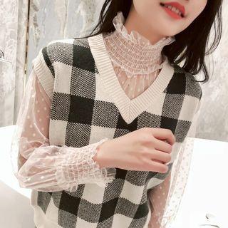 Long-sleeve Frill Trim Polka Dot Lace Top