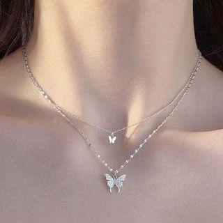 Double-layered Butterfly Necklace Silver - Butterfly