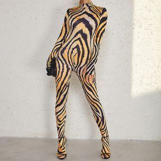 Tiger-print Turtle-neck Long Sleeve Jumpsuit