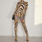 Tiger-print Turtle-neck Long Sleeve Jumpsuit