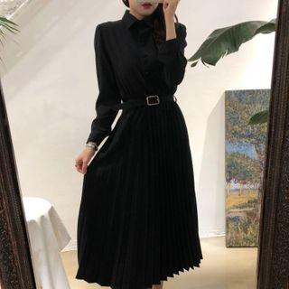 Collared Long-sleeve Accordion Pleat Midi Dress