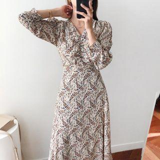3/4-sleeve Floral Print Midi A-line Dress As Shown In Figure - One Size