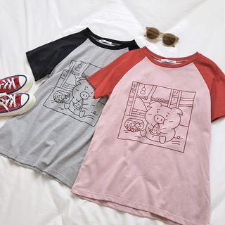 Short-sleeve Color Block Pig Printed T-shirt