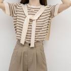 Set: Short-sleeve Striped Knit Top + Shawl