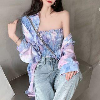 Set: Strapless Tie-dyed Top + Shirt Set - Purple & Blue - One Size