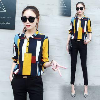 Set: 3/4 Sleeve Printed Blouse + Slim Fit Dress Pants