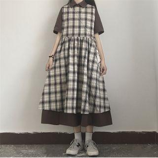 Collared Elbow-sleeve Midi A-line Dress / Plaid Sleeveless Midi A-line Dress