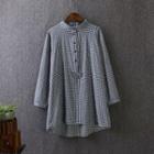 Gingham Stand-collar Long-sleeve Blouse