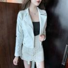 Plain Faux Leather Long-sleeve Blazer