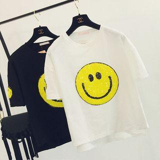 Smiley Face Sequined Short Sleeve T-shirt
