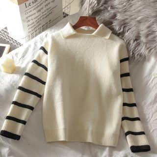 Striped Collared Sweater White - One Size