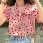 Short-sleeve Frill Trim Strawberry Print Top Pink - One Size