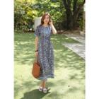 Puff-sleeve Patterned Long Flare Dress Blue - One Size