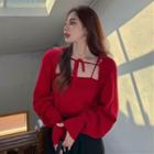 Long-sleeve Tie-neck Knit Shrug / Camisole Top