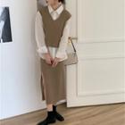 Plain Shirt / Knit Vest / Side-slit Midi Straight-fit Skirt