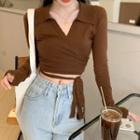 Lapel Strappy Long-sleeve Cropped T-shirt