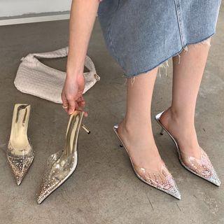 Pvc Panel Pointy-toe High Heel Mules