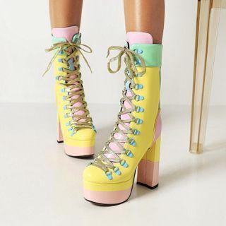 Color Block Platform Block Heel Lace Up Shoes