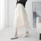 Mesh Layered Midi A-line Skirt